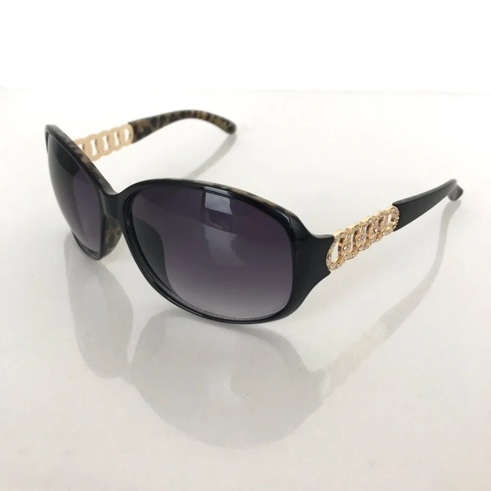 Guess Women's Sunglasses Black Frames W/Leopard Print Gold Rhinestone Accents